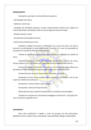 110 
SEMANALMENTE 
Acompanhar, participar e orientar professores quanto a: 
- Aprendizagem dos alunos; 
- Gestão de sala de aula; 
- Qualidade das atividades propostas, inclusive supervisionando matrizes e/ou originais de material destinado à reprodução, tendo em vista os objetivos do plano de ação; 
- Relação professor X aluno; 
- Atendimento à diversidade dos alunos; 
- Domínio dos conteúdos que ensina. 
Estabelecer relações de parceria e colaboração com os pais dos alunos, de modo a promover sua participação na comunidade escolar; e quando for o caso, da necessidade de acompanhar os estudos do filho, através de reuniões. 
Trabalho de equipe para planejamento, desenvolvimento e avaliação do trabalho do aluno; 
Coordenar e planejar o HTPC, com formações desenvolvidas na forma de cursos, oficinas, palestras, etc. e com temas cuja necessidade veio da avaliação do ano anterior. 
Priorizar a formação individual de cada professor, no momento da sessão reflexiva nas devolutivas do Plano de Ação/Observação de sala de aula e nos momentos de HTP; 
Acompanhamento do uso de livros do PNLD articulados com o PPP; 
Acompanhar sala de recurso estabelecendo parceria com a professora a fim de dar suporte ao trabalho dos professores. 
Acompanhar a rotina do apoio a aprendizagem; 
Acompanhar a rotina do Tempo de Escola; 
Observação das aulas, frequência, planejamento e resultados de aprendizagem. 
Trabalhar em conjunto com a Orientadora Pedagógica e Secretaria da Educação, bem como os parceiros na gestão da U.E.; 
DIARIAMENTE 
Atuar como profissional e cidadão, a partir de princípios da ética democrática: dignidade humana, respeito mútuo, participação, responsabilidade, diálogo e solidariedade;  