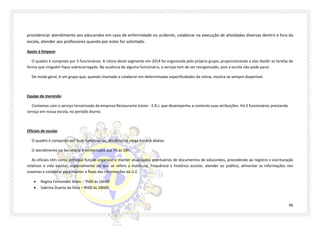 46 
providenciar atendimento aos educandos em caso de enfermidade ou acidente, colaborar na execução de atividades diversas dentro e fora da escola, atender aos professores quando por estes for solicitado. 
Apoio à limpeza: 
O quadro é composto por 5 funcionárias. A rotina deste segmento em 2014 foi organizada pelo próprio grupo, proporcionando a elas dividir as tarefas de forma que ninguém fique sobrecarregada. Na ausência de alguma funcionária, o serviço tem de ser reorganizado, pois a escola não pode parar. 
De modo geral, é um grupo que, quando chamado a colaborar em determinadas especificidades da rotina, mostra-se sempre disponível. 
Equipe de merenda: 
Contamos com o serviço terceirizado da empresa Restaurante Júnior - E.R.J. que desempenha a contento suas atribuições. Há 3 funcionárias prestando serviço em nossa escola, no período diurno. 
Oficiais de escola: 
O quadro é composto por duas funcionárias, divididas na carga horária abaixo. 
O atendimento na Secretária é ininterrupto das 7h às 18h. 
As oficiais têm como principal função organizar e manter atualizados prontuários de documentos de educandos, procedendo ao registro e escrituração relativos à vida escolar, especialmente no que se refere a matrícula, frequência e histórico escolar, atender ao público, alimentar as informações nos sistemas e colaborar para manter o fluxo das informações da U.E. 
 Regina Fernandez Alves – 7h00 às 16h00 
 Sabrina Duarte da Silva – 9h00 às 18h00  