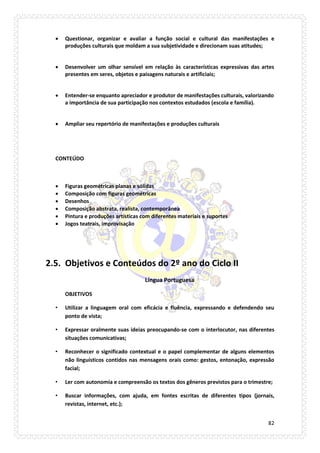 82 
 Questionar, organizar e avaliar a função social e cultural das manifestações e produções culturais que moldam a sua subjetividade e direcionam suas atitudes; 
 Desenvolver um olhar sensível em relação às características expressivas das artes presentes em seres, objetos e paisagens naturais e artificiais; 
 Entender-se enquanto apreciador e produtor de manifestações culturais, valorizando a importância de sua participação nos contextos estudados (escola e família). 
 Ampliar seu repertório de manifestações e produções culturais 
CONTEÚDO 
 Figuras geométricas planas e sólidas 
 Composição com figuras geométricas 
 Desenhos 
 Composição abstrata, realista, contemporânea 
 Pintura e produções artísticas com diferentes materiais e suportes 
 Jogos teatrais, improvisação 
2.5. Objetivos e Conteúdos do 2º ano do Ciclo II 
Língua Portuguesa 
OBJETIVOS 
• Utilizar a linguagem oral com eficácia e fluência, expressando e defendendo seu ponto de vista; 
• Expressar oralmente suas ideias preocupando-se com o interlocutor, nas diferentes situações comunicativas; 
• Reconhecer o significado contextual e o papel complementar de alguns elementos não linguísticos contidos nas mensagens orais como: gestos, entonação, expressão facial; 
• Ler com autonomia e compreensão os textos dos gêneros previstos para o trimestre; 
• Buscar informações, com ajuda, em fontes escritas de diferentes tipos (jornais, revistas, internet, etc.);  
