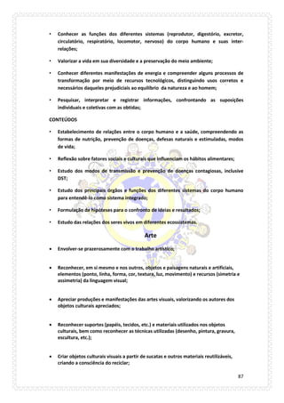 87 
• Conhecer as funções dos diferentes sistemas (reprodutor, digestório, excretor, circulatório, respiratório, locomotor, nervoso) do corpo humano e suas inter- relações; 
• Valorizar a vida em sua diversidade e a preservação do meio ambiente; 
• Conhecer diferentes manifestações de energia e compreender alguns processos de transformação por meio de recursos tecnológicos, distinguindo usos corretos e necessários daqueles prejudiciais ao equilíbrio da natureza e ao homem; 
• Pesquisar, interpretar e registrar informações, confrontando as suposições individuais e coletivas com as obtidas; 
CONTEÚDOS 
• Estabelecimento de relações entre o corpo humano e a saúde, compreendendo as formas de nutrição, prevenção de doenças, defesas naturais e estimuladas, modos de vida; 
• Reflexão sobre fatores sociais e culturais que influenciam os hábitos alimentares; 
• Estudo dos modos de transmissão e prevenção de doenças contagiosas, inclusive DST; 
• Estudo dos principais órgãos e funções dos diferentes sistemas do corpo humano para entendê-lo como sistema integrado; 
• Formulação de hipóteses para o confronto de ideias e resultados; 
• Estudo das relações dos seres vivos em diferentes ecossistemas. 
Arte 
 Envolver-se prazerosamente com o trabalho artístico; 
 Reconhecer, em si mesmo e nos outros, objetos e paisagens naturais e artificiais, elementos (ponto, linha, forma, cor, textura, luz, movimento) e recursos (simetria e assimetria) da linguagem visual; 
 Apreciar produções e manifestações das artes visuais, valorizando os autores dos objetos culturais apreciados; 
 Reconhecer suportes (papéis, tecidos, etc.) e materiais utilizados nos objetos culturais, bem como reconhecer as técnicas utilizadas (desenho, pintura, gravura, escultura, etc.); 
 Criar objetos culturais visuais a partir de sucatas e outros materiais reutilizáveis, criando a consciência do reciclar; 
 