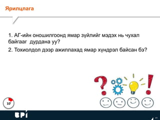 Ярилцлага
1. АГ-ийн оношилгоонд ямар зүйлийг мэдэх нь чухал
байгааг дурдана уу?
2. Тохиолдол дээр ажиллахад ямар хүндрэл байсан бэ?
10’
41
 