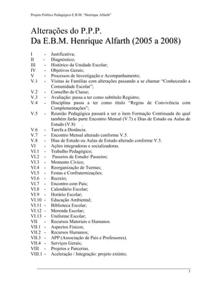 Projeto Político Pedagógico E.B.M. “Henrique Alfarth” 
3 
Alterações do P.P.P. 
Da E..B..M.. Henriique Allfartth (2005 a 2008) 
I - Justificativa; 
II - Diagnóstico; 
III - Histórico da Unidade Escolar; 
IV - Objetivos Gerais; 
V - Processos de Investigação e Acompanhamento; 
V.1 - Visitas às Famílias com alterações passando a se chamar “Conhecendo a Comunidade Escolar”; 
V.2 - Conselho de Classe; 
V.3 - Avaliação: passa a ter como subtítulo Registro; 
V.4 - Disciplina passa a ter como título “Regras de Convivência com Complementações”; 
V.5 - Reunião Pedagógica passará a ser o item Formação Continuada do qual também farão parte Encontro Mensal (V.7) e Dias de Estudo ou Aulas de Estudo (V.8) . 
V.6 - Tarefa a Distância. 
V.7 - Encontro Mensal alterado conforme V.5. 
V.8 - Dias de Estudo ou Aulas de Estudo alterado conforme V.5. 
VI - Ações integradoras e socializadoras. 
VI.1 - Trabalho Pedagógico; 
VI.2 - Passeios de Estudo/ Passeios; 
VI.3 - Momento Cívico; 
VI.4 - Reorganização de Turmas; 
VI.5 - Festas e Confraternizações; 
VI.6 - Recreio; 
VI.7 - Encontro com Pais; 
VI.8 - Calendário Escolar; 
VI.9 - Horário Escolar; 
VI.10 - Educação Ambiental; 
VI.11 - Biblioteca Escolar; 
VI.12 - Merenda Escolar; 
VI.13 - Uniforme Escolar; 
VII - Recursos Materiais e Humanos. 
VII.1 - Aspectos Físicos; 
VII.2 - Recursos Humanos; 
VII.3 - APP (Associação de Pais e Professores). 
VII.4 - Serviços Gerais; 
VIII - Projetos e Parcerias. 
VIII.1 - Aceleração / Integração: projeto extinto;  