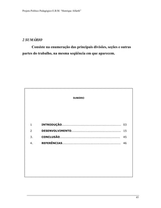 Projeto Político Pedagógico E.B.M. “Henrique Alfarth” 
45 
2 SUMÁRIO 
Consiste na enumeração das principais divisões, seções e outras partes do trabalho, na mesma seqüência em que aparecem. 
MODELO 
SUMÁRIO 
1 
INTRODUÇÃO.............................................................. 
03 
2 
DESENVOLVIMENTO.................................................... 
15 
3. 
CONCLUSÃO............................................................... 
45 
4. 
REFERÊNCIAS............................................................. 
46 
 