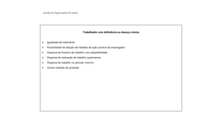 Gestão de Organizações de Saúde
Trabalhador com deficiência ou doença crónica
➢ Igualdade de tratamento
➢ Possibilidade de adoção de medidas de ação positiva do empregador
➢ Dispensa de horários de trabalho com adaptabilidade
➢ Dispensa de realização de trabalho suplementar
➢ Dispensa de trabalho no período noturno
➢ Outras medidas de proteção
 