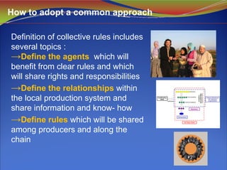 How to adopt a common approach
Definition of collective rules includes
several topics :
→Define the agents which will
benefit from clear rules and which
will share rights and responsibilities
→Define the relationships within
the local production system and
share information and know- how
→Define rules which will be shared
among producers and along the
chain
producers
first processors
second processors
certification
Consumers
Retailers
Certification
Body
Interprofessional
GI collective
organization
GI Value Chain
Codeofpractice:
Elaborationand
compliance
 