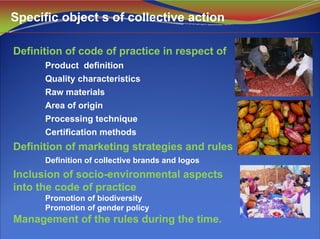 Definition of code of practice in respect of
Product definition
Quality characteristics
Raw materials
Area of origin
Processing technique
Certification methods
Definition of marketing strategies and rules
Definition of collective brands and logos
Inclusion of socio-environmental aspects
into the code of practice
Promotion of biodiversity
Promotion of gender policy
Management of the rules during the time.
Specific object s of collective action
 