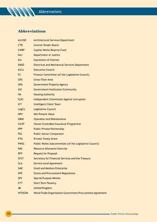 Abbreviations




     Abbreviations

     ArchSD   Architectural Services Department
     CTB      Central Tender Board
     CWRF     Capital Works Reserve Fund
     DoJ      Department of Justice
     EoI      Expression of Interest
     EMSD     Electrical and Mechanical Services Department
     ExCo     Executive Council
     FC       Finance Committee (of the Legislative Council)
     GFA      Gross Floor Area
     GPA      Government Property Agency
     GIC      Government/Institution/Community
     HA       Housing Authority
     ICAC     Independent Commission Against Corruption
     ICT      Intelligent Client Team
     LegCo    Legislative Council
     NPV      Net Present Value
     O&M      Operation and Maintenance
     OCIP     Owner Controlled Insurance Programme
     PPP      Public Private Partnership
     PSC      Public Sector Comparator
     PTG      Private Treaty Grant
     PWSC     Public Works Subcommittee (of the Legislative Council)
     RAE      Resource Allocation Exercise
     RFP      Request for Proposal
     SFST     Secretary for Financial Services and the Treasury
     SLA      Service Level Agreement
     SME      Small and Medium Enterprise
     SPR      Stores and Procurement Regulations
     SPV      Special Purpose Vehicle
     STT      Short Term Tenancy
     UK       United Kingdom
     WTOGPA   World Trade Organization Government Procurement Agreement




58                                                                        Public Private Partnerships
 