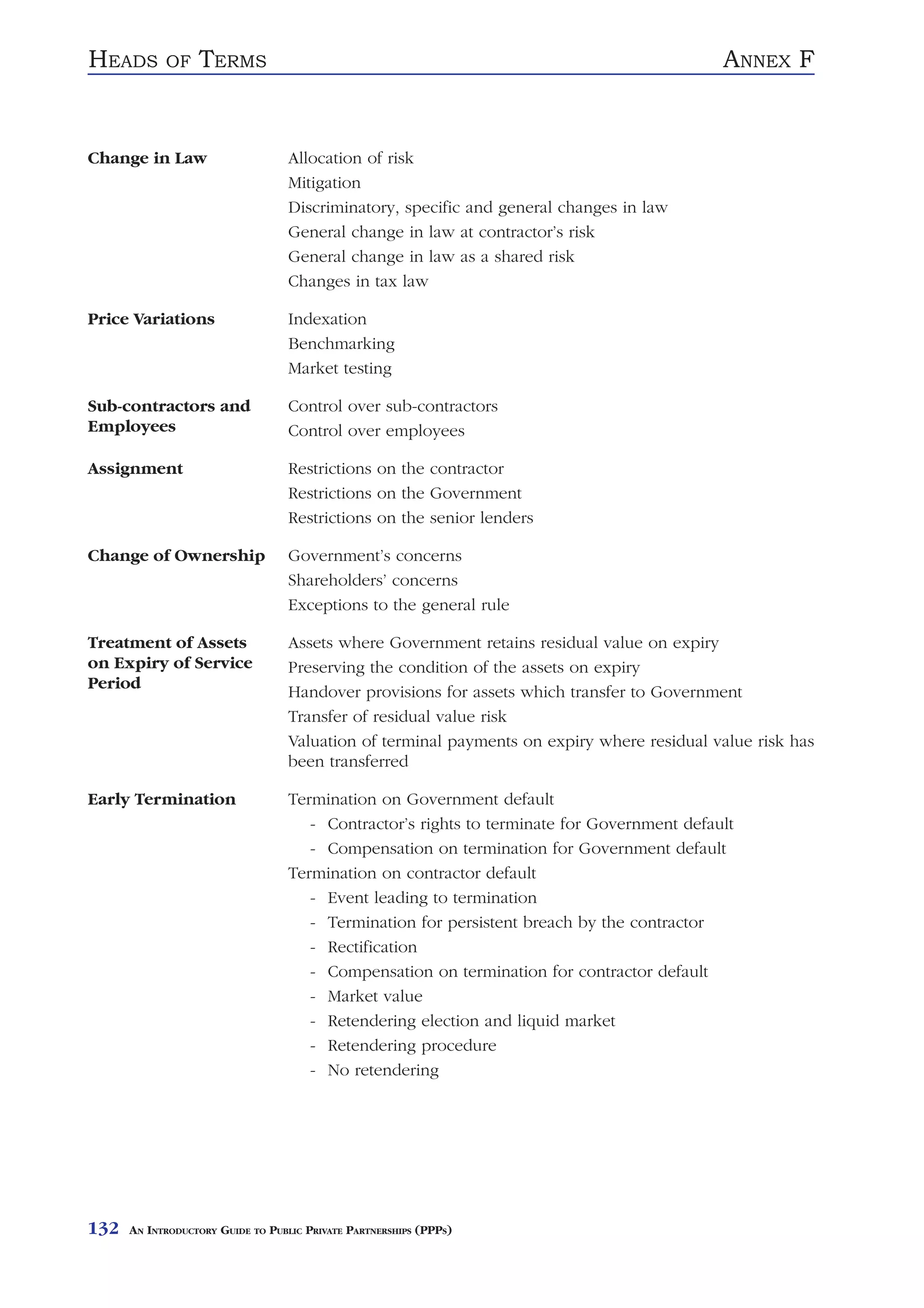 HEADS       OF    TERMS                                                                      ANNEX F


Change in Law                      Allocation of risk
                                   Mitigation
                                   Discriminatory, specific and general changes in law
                                   General change in law at contractor’s risk
                                   General change in law as a shared risk
                                   Changes in tax law

Price Variations                   Indexation
                                   Benchmarking
                                   Market testing

Sub-contractors and                Control over sub-contractors
Employees                          Control over employees

Assignment                         Restrictions on the contractor
                                   Restrictions on the Government
                                   Restrictions on the senior lenders

Change of Ownership                Government’s concerns
                                   Shareholders’ concerns
                                   Exceptions to the general rule

Treatment of Assets                Assets where Government retains residual value on expiry
on Expiry of Service               Preserving the condition of the assets on expiry
Period
                                   Handover provisions for assets which transfer to Government
                                   Transfer of residual value risk
                                   Valuation of terminal payments on expiry where residual value risk has
                                   been transferred

Early Termination                  Termination on Government default
                                      - Contractor’s rights to terminate for Government default
                                      - Compensation on termination for Government default
                                   Termination on contractor default
                                      - Event leading to termination
                                      - Termination for persistent breach by the contractor
                                      - Rectification
                                      - Compensation on termination for contractor default
                                      - Market value
                                      - Retendering election and liquid market
                                      - Retendering procedure
                                      - No retendering




132   AN INTRODUCTORY GUIDE TO PUBLIC PRIVATE PARTNERSHIPS (PPPS)
 