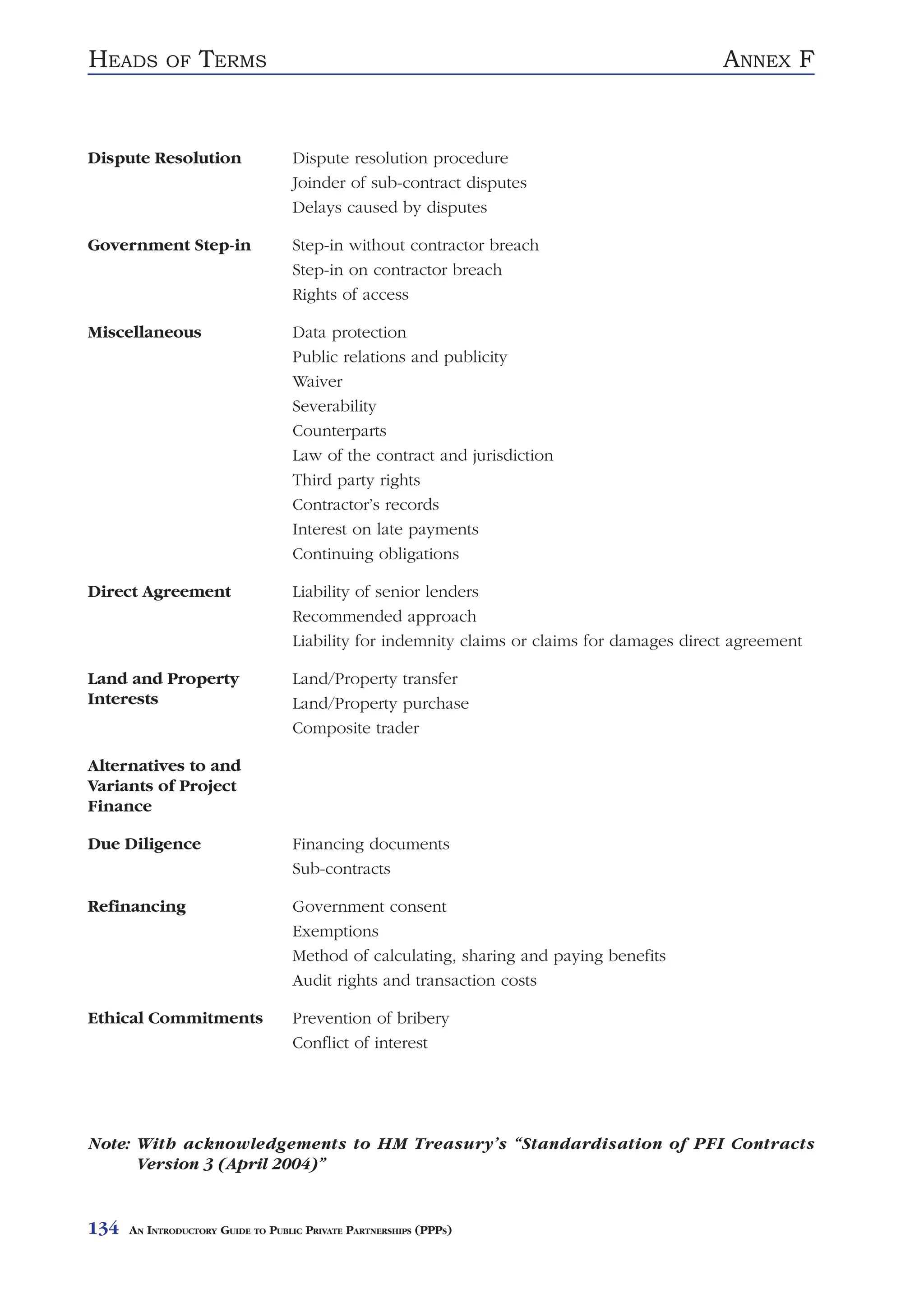 HEADS       OF    TERMS                                                                      ANNEX F


Dispute Resolution                 Dispute resolution procedure
                                   Joinder of sub-contract disputes
                                   Delays caused by disputes

Government Step-in                 Step-in without contractor breach
                                   Step-in on contractor breach
                                   Rights of access

Miscellaneous                      Data protection
                                   Public relations and publicity
                                   Waiver
                                   Severability
                                   Counterparts
                                   Law of the contract and jurisdiction
                                   Third party rights
                                   Contractor’s records
                                   Interest on late payments
                                   Continuing obligations

Direct Agreement                   Liability of senior lenders
                                   Recommended approach
                                   Liability for indemnity claims or claims for damages direct agreement

Land and Property                  Land/Property transfer
Interests                          Land/Property purchase
                                   Composite trader

Alternatives to and
Variants of Project
Finance

Due Diligence                      Financing documents
                                   Sub-contracts

Refinancing                        Government consent
                                   Exemptions
                                   Method of calculating, sharing and paying benefits
                                   Audit rights and transaction costs

Ethical Commitments                Prevention of bribery
                                   Conflict of interest




Note: With acknowledgements to HM Treasury’s “Standardisation of PFI Contracts
      Version 3 (April 2004)”


134   AN INTRODUCTORY GUIDE TO PUBLIC PRIVATE PARTNERSHIPS (PPPS)
 