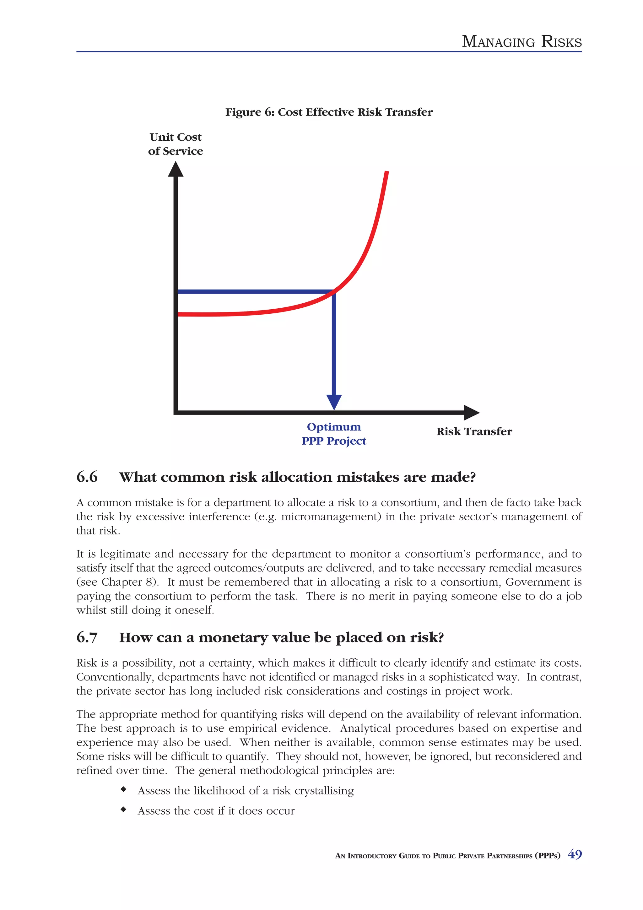 MANAGING RISKS


                               Figure 6: Cost Effective Risk Transfer




6.6      What common risk allocation mistakes are made?
A common mistake is for a department to allocate a risk to a consortium, and then de facto take back
the risk by excessive interference (e.g. micromanagement) in the private sector’s management of
that risk.
It is legitimate and necessary for the department to monitor a consortium’s performance, and to
satisfy itself that the agreed outcomes/outputs are delivered, and to take necessary remedial measures
(see Chapter 8). It must be remembered that in allocating a risk to a consortium, Government is
paying the consortium to perform the task. There is no merit in paying someone else to do a job
whilst still doing it oneself.

6.7      How can a monetary value be placed on risk?
Risk is a possibility, not a certainty, which makes it difficult to clearly identify and estimate its costs.
Conventionally, departments have not identified or managed risks in a sophisticated way. In contrast,
the private sector has long included risk considerations and costings in project work.
The appropriate method for quantifying risks will depend on the availability of relevant information.
The best approach is to use empirical evidence. Analytical procedures based on expertise and
experience may also be used. When neither is available, common sense estimates may be used.
Some risks will be difficult to quantify. They should not, however, be ignored, but reconsidered and
refined over time. The general methodological principles are:
             Assess the likelihood of a risk crystallising
             Assess the cost if it does occur


                                                       AN INTRODUCTORY GUIDE TO PUBLIC PRIVATE PARTNERSHIPS (PPPS)   49
 