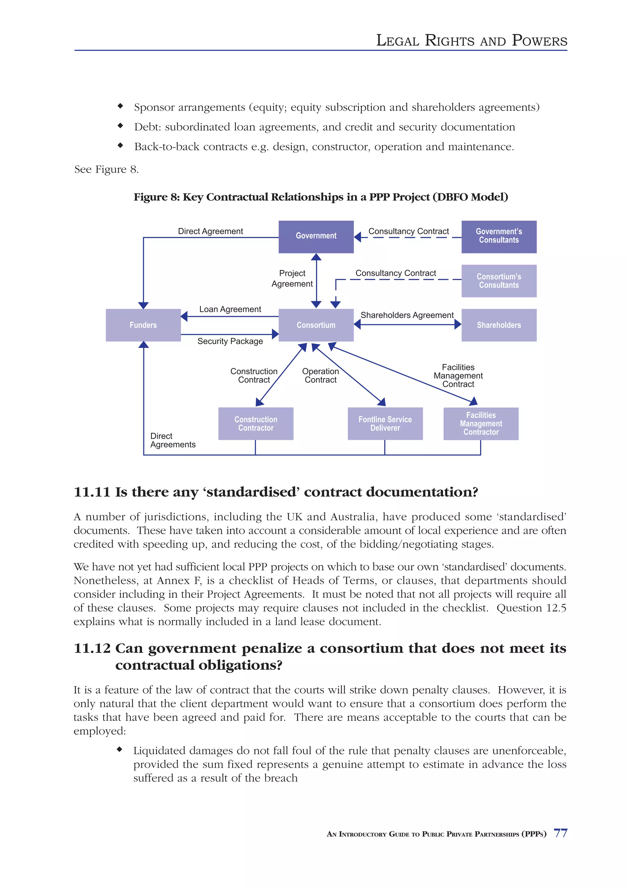 LEGAL RIGHTS                AND      POWERS


            Sponsor arrangements (equity; equity subscription and shareholders agreements)
            Debt: subordinated loan agreements, and credit and security documentation
            Back-to-back contracts e.g. design, constructor, operation and maintenance.
See Figure 8.

            Figure 8: Key Contractual Relationships in a PPP Project (DBFO Model)

                      Direct Agreement                                 Consultancy Contract         Government’s
                                                     Government                                      Consultants


                                                 Project           Consultancy Contract             Consortium’s
                                                Agreement                                           Consultants

                             Loan Agreement
                                                                     Shareholders Agreement
           Funders                                   Consortium                                     Shareholders
                             Security Package


                                     Construction     Operation                          Facilities
                                      Contract        Contract                          Management
                                                                                         Contract


                                                                                                 Facilities
                                      Construction                  Fontline Service           Management
                                       Contractor                      Deliverer                Contractor
                Direct
                Agreements




11.11 Is there any ‘standardised’ contract documentation?
A number of jurisdictions, including the UK and Australia, have produced some ‘standardised’
documents. These have taken into account a considerable amount of local experience and are often
credited with speeding up, and reducing the cost, of the bidding/negotiating stages.
We have not yet had sufficient local PPP projects on which to base our own ‘standardised’ documents.
Nonetheless, at Annex F, is a checklist of Heads of Terms, or clauses, that departments should
consider including in their Project Agreements. It must be noted that not all projects will require all
of these clauses. Some projects may require clauses not included in the checklist. Question 12.5
explains what is normally included in a land lease document.

11.12 Can government penalize a consortium that does not meet its
      contractual obligations?
It is a feature of the law of contract that the courts will strike down penalty clauses. However, it is
only natural that the client department would want to ensure that a consortium does perform the
tasks that have been agreed and paid for. There are means acceptable to the courts that can be
employed:
            Liquidated damages do not fall foul of the rule that penalty clauses are unenforceable,
            provided the sum fixed represents a genuine attempt to estimate in advance the loss
            suffered as a result of the breach



                                                            AN INTRODUCTORY GUIDE TO PUBLIC PRIVATE PARTNERSHIPS (PPPS)   77
 