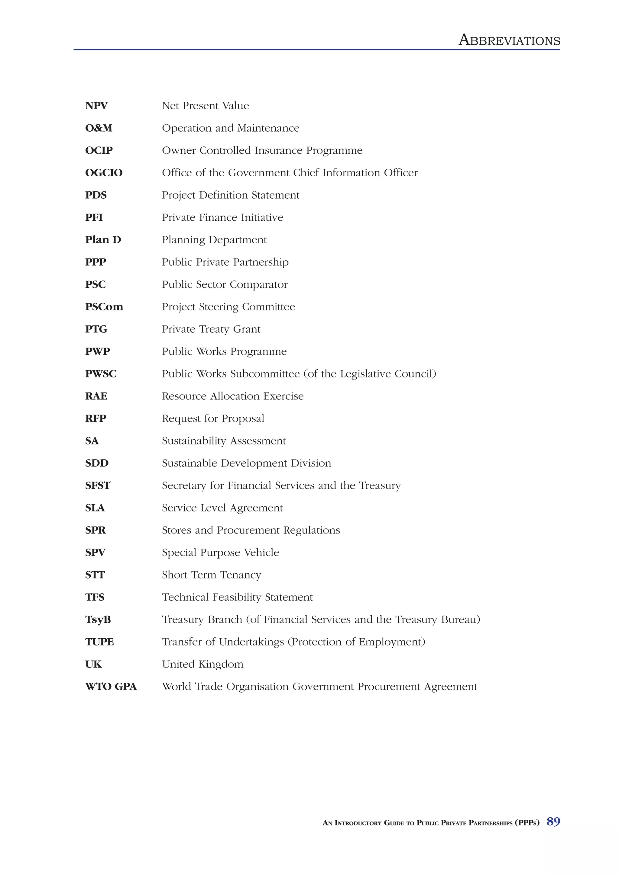 ABBREVIATIONS


NPV       Net Present Value
O&M       Operation and Maintenance
OCIP      Owner Controlled Insurance Programme
OGCIO     Office of the Government Chief Information Officer
PDS       Project Definition Statement
PFI       Private Finance Initiative
Plan D    Planning Department
PPP       Public Private Partnership
PSC       Public Sector Comparator
PSCom     Project Steering Committee
PTG       Private Treaty Grant
PWP       Public Works Programme
PWSC      Public Works Subcommittee (of the Legislative Council)
RAE       Resource Allocation Exercise
RFP       Request for Proposal
SA        Sustainability Assessment
SDD       Sustainable Development Division
SFST      Secretary for Financial Services and the Treasury
SLA       Service Level Agreement
SPR       Stores and Procurement Regulations
SPV       Special Purpose Vehicle
STT       Short Term Tenancy
TFS       Technical Feasibility Statement
TsyB      Treasury Branch (of Financial Services and the Treasury Bureau)
TUPE      Transfer of Undertakings (Protection of Employment)
UK        United Kingdom
WTO GPA   World Trade Organisation Government Procurement Agreement




                                            AN INTRODUCTORY GUIDE TO PUBLIC PRIVATE PARTNERSHIPS (PPPS)   89
 