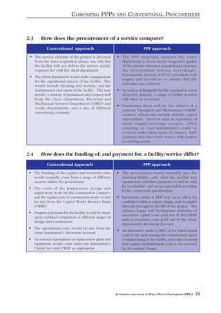 COMPARING PPPS                AND     CONVENTIONAL PROCUREMENT


2.3       How does the procurement of a service compare?
              Conventional approach                                            PPP approach

      The service element of the project is divorced           The PPP approach requires the client
      from the asset acquisition phase; any risk that          department to focus on the long-term quality
      the facility will not deliver the service quality        of the service outcomes required and structure
      required lies with the client department                 the procurement process accordingly.
                                                               Consortium bidders will be provided with
      The client department would make arrangements
                                                               targets and incentives to ensure that the
      for the operational aspects of the facility. This
                                                               outcomes are achieved
      would include cleaning and security, and the
      maintenance and repair of the facility. This may         As well as defining the facility acquired in terms
      involve a mixture of permanent and contract staff        of service delivery, a range of further services
      from the client department, Electrical and               will often be procured
      Mechanical Services Department (EMSD) and
                                                               Sometimes these will be the subject of a
      works departments, and a mix of different
                                                               separate ‘Operation and Maintenance (O&M)’
      outsourcing contracts
                                                               contract, which may include mid-life capital
                                                               expenditure. Services such as operation of
                                                               water supply/sewerage services, office
                                                               cleaning, or road maintenance could be
                                                               covered under these types of contract. Such
                                                               contracts may also cover service with respect
                                                               to existing assets


2.4       How does the funding of, and payment for, a facility/service differ?
              Conventional approach                                            PPP approach

      The funding of the capital and recurrent costs           The government would normally pay the
      would normally come from a range of different            winning bidder only after the facility was
      sources within the government                            operational, and then payments would be only
                                                               for “availability” and services provided according
      The costs of the preparatory design and
                                                               to the contractual specifications
      supervisory work for the construction contracts
      and the capital costs of construction works would        Payments under a PPP will most often be
      be met from the Capital Works Reserve Fund               combined within a unitary charge, paid at regular
      (CWRF)                                                   intervals throughout the life of the project. The
                                                               unitary charge will incorporate elements of
      Progress payments for the facility would be made
                                                               amortised capital costs paid out of the CWRF
      upon certified completion of different stages of
                                                               and/or recurrent costs paid out of the client
      design and construction
                                                               department’s Recurrent Account
      The operational costs would be met from the
                                                               An alternative, under a DBO, is for initial capital
      client department’s Recurrent Account
                                                               costs to be paid during the construction/upon
      Occasional expenditure on replacement plant and          commissioning of the facility, and only recurrent
      equipment would come under the department’s              and capital replenishment costs to be covered
      Capital Account/CWRF as appropriate                      by the unitary charge




                                                          AN INTRODUCTORY GUIDE TO PUBLIC PRIVATE PARTNERSHIPS (PPPS)   21
 