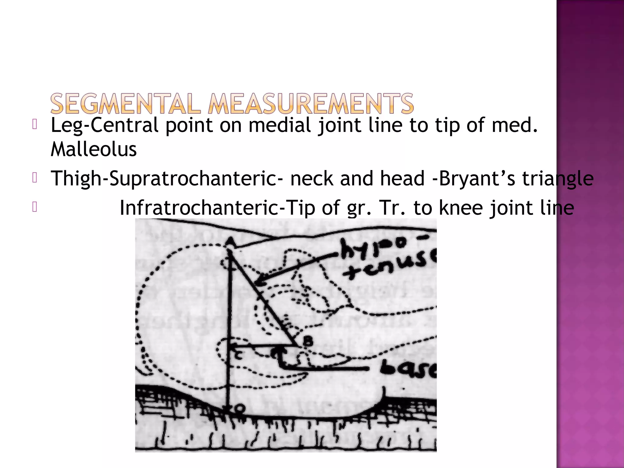    Leg-Central point on medial joint line to tip of med.
    Malleolus
   Thigh-Supratrochanteric- neck and head -Bryant’s triangle
          Infratrochanteric-Tip of gr. Tr. to knee joint line
 