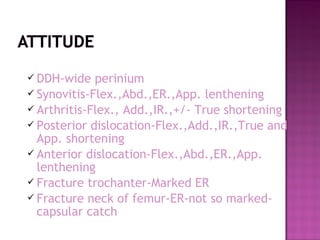  DDH-wide   perinium
 Synovitis-Flex.,Abd.,ER.,App. lenthening
 Arthritis-Flex., Add.,IR.,+/- True shortening
 Posterior dislocation-Flex.,Add.,IR.,True and
  App. shortening
 Anterior dislocation-Flex.,Abd.,ER.,App.
  lenthening
 Fracture trochanter-Marked ER
 Fracture neck of femur-ER-not so marked-
  capsular catch
 