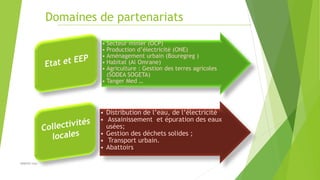 Domaines de partenariats
• Secteur minier (OCP)
• Production d’électricité (ONE)
• Aménagement urbain (Bouregreg )
• Habit...