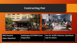 Contracting Out
SMS Hospital
Jaipur Rajasthan
Radiological (CT/MRI Scan)
Diagnostics
Free for all BPL Patients; Subsidized
rate for others
 