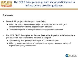 The OECD Principles on private sector participation in infrastructure provides guidance. 
Rationale: 
•Some PPP projects in the past have failed 
Often the main cause was not project specific, but short-comings in investment environments, capacities and attitudes 
The time is ripe for a fresh push to mobilise private investment 
•The 2007 OECD Principles for Private Sector Participation in Infrastructure give advice on how to avoid the mistakes of the past 
Synthesising a large body of analysis and case examples 
Offering recommendations of best practices, agreed among a variety of experts and policy communities 
 