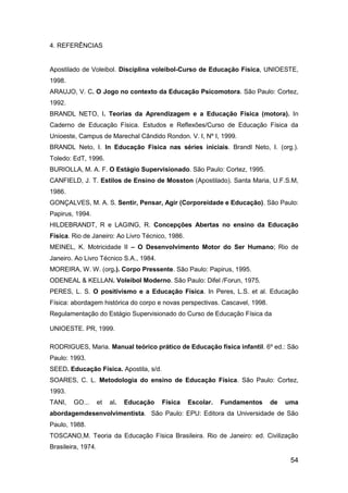 54
4. REFERÊNCIAS
Apostilado de Voleibol. Disciplina voleibol-Curso de Educação Física, UNIOESTE,
1998.
ARAUJO, V. C. O Jogo no contexto da Educação Psicomotora. São Paulo: Cortez,
1992.
BRANDL NETO, I. Teorias da Aprendizagem e a Educação Física (motora). In
Caderno de Educação Física. Estudos e Reflexões/Curso de Educação Física da
Unioeste, Campus de Marechal Cândido Rondon. V. I, Nº I, 1999.
BRANDL Neto, I. In Educação Física nas séries iniciais. Brandl Neto, I. (org.).
Toledo: EdT, 1996.
BURIOLLA, M. A. F. O Estágio Supervisionado. São Paulo: Cortez, 1995.
CANFIELD, J. T. Estilos de Ensino de Mosston (Apostilado). Santa Maria, U.F.S.M,
1986.
GONÇALVES, M. A. S. Sentir, Pensar, Agir (Corporeidade e Educação). São Paulo:
Papirus, 1994.
HILDEBRANDT, R e LAGING, R. Concepções Abertas no ensino da Educação
Física. Rio de Janeiro: Ao Livro Técnico, 1986.
MEINEL, K. Motricidade II – O Desenvolvimento Motor do Ser Humano; Rio de
Janeiro. Ao Livro Técnico S.A., 1984.
MOREIRA, W. W. (org.). Corpo Pressente. São Paulo: Papirus, 1995.
ODENEAL & KELLAN. Voleibol Moderno. São Paulo: Difel /Forun, 1975.
PERES, L. S. O positivismo e a Educação Física. In Peres, L.S. et al. Educação
Física: abordagem histórica do corpo e novas perspectivas. Cascavel, 1998.
Regulamentação do Estágio Supervisionado do Curso de Educação Física da
UNIOESTE. PR, 1999.
RODRIGUES, Maria. Manual teórico prático de Educação física infantil. 6º ed.: São
Paulo: 1993.
SEED. Educação Física. Apostila, s/d.
SOARES, C. L. Metodologia do ensino de Educação Física. São Paulo: Cortez,
1993.
TANI, GO... et al. Educação Física Escolar. Fundamentos de uma
abordagemdesenvolvimentista. São Paulo: EPU: Editora da Universidade de São
Paulo, 1988.
TOSCANO,M. Teoria da Educação Física Brasileira. Rio de Janeiro: ed. Civilização
Brasileira, 1974.
 