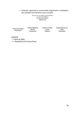 80
 Dedicada, organizada e comprometida integralmente à realização e
aos resultados dos trabalhos a que se propõe.
“Educar é ser um artesão da personalidade,
um poeta da inteligência,
um semeador de idéias.”
Augusto Cury
Ivany Fernandes
Professora
Clarita Maidana
Rocha
Professora
Cilene Cristina
Puzzi
Diretora
Edilza Santos da
Silva
Secretária
ANEXOS
I - Índice do IDEB
I I - Resultados da Provinha Brasil
 