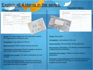 Explain all 4 idents in the series. 
(Sparkler ident): 
(Playground ident): 
Tempo: The music begins slow then fast pace to attract 
the target audience’s attention more. 
Composition: Logo appears at the end. 
Space and time: Filmed outside. (During day time). 
High density of information: Narrator speaks in the ident. 
And music is played in the background. 
Interaction with viewers: The ident is interesting, fun and 
youthful. 
Information VS Entertainment: This ident is entertaining 
but supplies the target audience with a lot of information 
at the same time from the narrator. 
Tempo: Slow paced 
Composition: Logo appears at the end. 
Space and time: Filmed outside. During night time). 
High density of information: Low density of information music 
is played though out the ident. 
Interaction with viewers: Creates a calm and relaxed 
atmosphere. 
Information VS Entertainment: Entertaining for the audience 
to watch and listen to music. But no verbal information is 
supplied during this ident. 
 