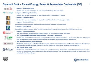10
 Ongoing – redcap, South Africa
Standard Bank has been mandated as the Lead Arranger for the Kouga Wind Farm project
 Ongoing - AMD Energia, South Africa
Standard Bank has been mandated as the Lead Arranger for Alt-E’s multiple solar PV projects
 Ongoing – Confidential, Africa
Standard Bank has been mandated as the Buyside Financial Adviser for the purchase of a power station
 Ongoing – Confidential, Africa
Standard Bank has been mandated as the Sellside Financial Adviser for the sale of a power station
 Ongoing – Aeolus, Kenya
Standard Bank has been mandated as the Financial Advisor and Lead Arranger to Aeolus Kenya Ltd on a 60MW wind farm project
 Ongoing – Electromaxx, Uganda
Sole Lead Arranger of the expansion from 25MW to 50MW of the Electromaxx HFO power plant facility
 2010 – Companhia Moçambicana de Hidrocarbonetos, S.A. (“CMH”), Mozambique
Standard Bank acted as FA and lead arranger to Companhia Moçambicana de Hidrocarbonetos, S.A. for the funding of its share of the project
costs for the expansion of the Central Processing Facility at the Pande and Temane fields’ reservoirs near Bazaruto
 2009 - Mmamabula Energy Project, Botswana
Mandated by CIC Energy for a 1200 MW coal fired power plant, coal mine and related infrastructure in Mmamabula, Botswana. Project size of
US$5 billion and mandated as co-lead arrangers for the ECIC covered ZAR tranche as well as the ZAR commercial facility.
 2009 – Eskom, South Africa
Standard Bank acted as the Mandated Lead Arranger in the Kusile Boilers contract. Standard Bank acted with 4 international banks in funding
the Euro 705 million contract over 12 years. Export Credit was also arranged with Euler Hermes (German ECA) over the foreign content of the
contract with Hitachi Power Europe.
Standard Bank – Recent Energy, Power & Renewables Credentials (3/3)
 