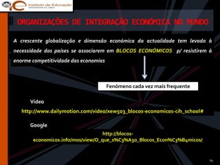 ORGANIZAÇÕES DE INTEGRAÇÃO ECONÓMICA NO MUNDO

A crescente globalização e dimensão económica da actualidade tem levado à
necessidade dos países se associarem em BLOCOS ECONÓMICOS p/ resistirem à
enorme competitividade das economias



                                       Fenómeno cada vez mais frequente

      Vídeo
   http://www.dailymotion.com/video/xew5o3_blocos-economicos-cih_school#

      Google
                                   http://blocos-
       economicos.info/mos/view/O_que_s%C3%A3o_Blocos_Econ%C3%B4micos/


                                                                           14
 