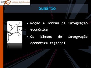 Sumário

Noção e formas de integração
económica

Os   blocos    de    integração
económica regional




                              2
 