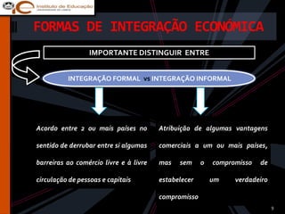FORMAS DE INTEGRAÇÃO ECONÓMICA
                 IMPORTANTE DISTINGUIR ENTRE


          INTEGRAÇÃO FORMAL vs INTEGRAÇÃO INFORMAL




Acordo entre 2 ou mais países no        Atribuição de algumas vantagens

sentido de derrubar entre si algumas    comerciais a um ou mais países,

barreiras ao comércio livre e à livre   mas   sem     o   compromisso   de

circulação de pessoas e capitais        estabelecer       um    verdadeiro

                                        compromisso
                                                                             9
 