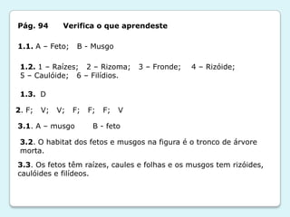 Pág. 94       Verifica o que aprendeste

1.1. A – Feto;     B - Musgo

 1.2. 1 – Raízes; 2 – Rizoma;        3 – Fronde;   4 – Rizóide;
 5 – Caulóide; 6 – Filídios.

 1.3. D

2. F;   V;   V;   F;   F;   F;   V

3.1. A – musgo          B - feto

 3.2. O habitat dos fetos e musgos na figura é o tronco de árvore
 morta.
3.3. Os fetos têm raízes, caules e folhas e os musgos tem rizóides,
caulóides e filídeos.
 