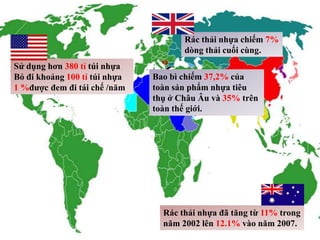 Sử dụng hơn 380 tỉ túi nhựa
Bỏ đi khoảng 100 tỉ túi nhựa
1 %được đem đi tái chế /năm
Rác thải nhựa chiếm 7%
dòng thải cuối cùng.
Rác thải nhựa đã tăng từ 11% trong
năm 2002 lên 12.1% vào năm 2007.
Bao bì chiếm 37,2% của
toàn sản phẩm nhựa tiêu
thụ ở Châu Âu và 35% trên
toàn thế giới.
 