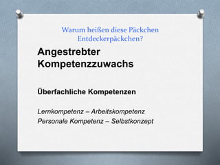 Warum heißen diese Päckchen
Entdeckerpäckchen?
Angestrebter
Kompetenzzuwachs
Überfachliche Kompetenzen
Lernkompetenz – Arbeitskompetenz
Personale Kompetenz – Selbstkonzept
 