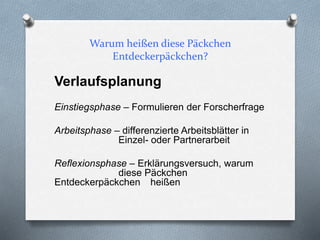 Warum heißen diese Päckchen
Entdeckerpäckchen?
Verlaufsplanung
Einstiegsphase – Formulieren der Forscherfrage
Arbeitsphase – differenzierte Arbeitsblätter in
Einzel- oder Partnerarbeit
Reflexionsphase – Erklärungsversuch, warum
diese Päckchen
Entdeckerpäckchen heißen
 
