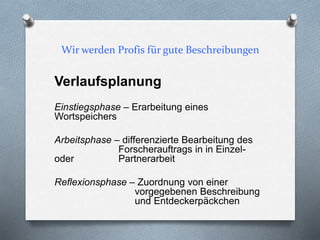 Wir werden Profis für gute Beschreibungen
Verlaufsplanung
Einstiegsphase – Erarbeitung eines
Wortspeichers
Arbeitsphase – differenzierte Bearbeitung des
Forscherauftrags in in Einzel-
oder Partnerarbeit
Reflexionsphase – Zuordnung von einer
vorgegebenen Beschreibung
und Entdeckerpäckchen
 