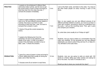 PRACTICE
PRODUCTION
T projects on the whiteboard 5 different flash
cards about daily routines, and Ss have to get
the correct action of each of them according to
what they hear from the video they see. T
corrects the answers inmediately.
T gives on paper explaining a worksheet that Ss
have to do. Ss have different pictures related to
routines, they have to put them in order
according to what they hear. Later, Ss have to
compare their answers in pairs.
T checks if Ss got the correct answers by
CCQ’s.
T explains the following item from the
worksheet. Ss have to pay attention to the
details of the video, in order to be able to
answer if the information provided is true or
false. Later, T checks the answers.
T gives Ss a piece of paper to write and email to
a friend, telling what they usually do during the
week, and in their free time.
T chooses some Ss at random to read theirs.
5 min
7 min
8 min
12 min
Look at the flash cards, and listen to the video. You have to
get what these people do every morning in each of the
cards.
Now, on your papers you can see different pictures of six
different activities related to routines, you have to put them in
order with numbers, according to what you understand from
the audio. I will put the recording twice. Then, get in pairs
and compare your answers.
So, what does Jane usually do on Fridays at night?
Students, now you have to listen to a conversation from the
video very carefully. On the worsheet you can see different
statements, you have to write if they are true (T), or false (F).
You will listen to the audio twice.
Students, now you are going to write an email with 100
words to a friend, telling your daily routines and asking for
her or his ones. You have 10 minutes to do it.
Would you like to share your email with the class?
 