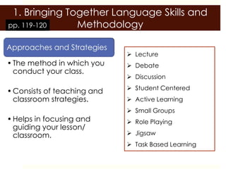 1. Bringing Together Language Skills and
pp. 119-120    Methodology

                              Lecture
• The method in which you     Debate
  conduct your class.
                              Discussion
                              Student Centered
• Consists of teaching and
  classroom strategies.       Active Learning
                              Small Groups
• Helps in focusing and       Role Playing
  guiding your lesson/
  classroom.                  Jigsaw
                              Task Based Learning
 