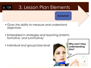p. 126     3. Lesson Plan Elements


 • Gives the ability to measure and understand
   objectives

 • Embedded in strategies and teaching (interim,
   formative, and summative)

                                                 Why aren’t they
 • Individual and group/class level              understanding
                                                 this?
 
