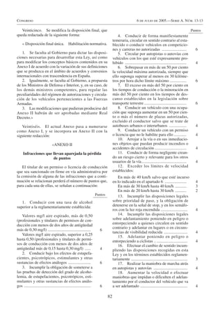 Congreso                                                                                                   6 de julio de 2005.—Serie A. Núm. 13-13

   Veinticinco. Se modifica la disposición final, que                                                                                                       Puntos
queda redactada de la siguiente forma:                                                    4. Conducir de forma manifiestamente
                                                                                      temeraria, circular en sentido contrario al esta-
    « Disposición final única.                Habilitación normativa.                 blecido o conducir vehículos en competicio-
                                                                                      nes y carreras no autorizadas ........................                  6
    1. Se faculta al Gobierno para dictar las disposi-                                    5. Circular por autopistas o autovías con
ciones necesarias para desarrollar esta Ley, así como                                 vehículos con los que esté expresamente pro-
para modificar los conceptos básicos contenidos en su                                 hibido ............................................................     4
Anexo I de acuerdo con la variación de sus definiciones                                   6. Sobrepasar en más de un 50 por ciento
que se produzca en el ámbito de acuerdos y convenios                                  la velocidad máxima autorizada, siempre que
internacionales con trascendencia en España.                                          ello suponga superar al menos en 30 kilóme-
    2. Igualmente, se faculta al Gobierno, a propuesta                                tros por hora dicho límite máximo ................                      6
de los Ministros de Defensa e Interior, y, en su caso, de                                 7. El exceso en más del 50 por ciento en
los demás ministros competentes, para regular las                                     los tiempos de conducción o la minoración en
peculiaridades del régimen de autorizaciones y circula-                               más del 50 por ciento en los tiempos de des-
ción de los vehículos pertenecientes a las Fuerzas                                    canso establecidos en la legislación sobre
Armadas.                                                                              transporte terrestre .........................................          6
    3. Las modificaciones que pudieran producirse del                                     8. Conducir un vehículo con una ocupa-
Anexo II habrán de ser aprobadas mediante Real                                        ción que suponga aumentar en un 50 por cien-
Decreto.»                                                                             to o más el número de plazas autorizadas,
                                                                                      excluido el conductor salvo que se trate de
   Veintiséis. El actual Anexo pasa a numerarse                                       autobuses urbanos o interurbanos .................                      4
como Anexo I, y se incorpora un Anexo II con la                                           9. Conducir un vehículo con un permiso
siguiente redacción:                                                                  o licencia que no le habilite para ello ............                    4
                                                                                          10. Arrojar a la vía o en sus inmediacio-
                                «ANEXO II                                             nes objetos que puedan producir incendios o
                                                                                      accidentes de circulación ...............................               4
     Infracciones que llevan aparejada la pérdida                                         11. Conducir de forma negligente crean-
                      de puntos                                                       do un riesgo cierto y relevante para los otros
                                                                                      usuarios de la vía............................................          4
    El titular de un permiso o licencia de conducción                                     12. Exceder los límites de velocidad
que sea sancionado en firme en vía administrativa por                                 establecidos:
la comisión de alguna de las infracciones que a conti-                                    En más de 40 km/h salvo que esté incurso
nuación se relacionan perderá el número de puntos que,                                en lo indicado en el apartado 6 .....................                   4
para cada una de ellas, se señalan a continuación:                                        En más de 30 km/h hasta 40 km/h ...........                         3
                                                                                          En más de 20 km/h hasta 30 km/h ...........                         2
                                                                        Puntos            13. Incumplir las disposiciones legales
   1. Conducir con una tasa de alcohol                                                sobre prioridad de paso, y la obligación de
superior a la reglamentariamente establecida:                                         detenerse en la señal de stop, y en los semáfo-
                                                                                      ros con la luz roja encendida . .........................               4
    Valores mg/l aire espirado, más de 0,50                                               14. Incumplir las disposiciones legales
(profesionales y titulares de permisos de con-                                        sobre adelantamiento poniendo en peligro o
ducción con menos de dos años de antigüedad                                           entorpeciendo a quienes circulen en sentido
                                                                                      contrario y adelantar en lugares o en circuns-
más de 0,30 mg/l) ..........................................              6
                                                                                      tancias de visibilidad reducida .......................                 4
    Valores mg/l aire espirado, superior a 0,25
                                                                                          15. Adelantar poniendo en peligro o
hasta 0,50 (profesionales y titulares de permi-                                       entorpeciendo a ciclistas .. ..............................             4
sos de conducción con menos de dos años de                                                16. Efectuar el cambio de sentido incum-
antigüedad más de 0,15 hasta 0,30 mg/l) ......                            4           pliendo las disposiciones recogidas en esta
    2. Conducir bajo los efectos de estupefa-                                         Ley y en los términos establecidos reglamen-
cientes, psicotrópicos, estimulantes y otras                                          tariamente .......................................................      3
sustancias de efectos análogos ......................                     6               17. Realizar la maniobra de marcha atrás
    3. Incumplir la obligación de someterse a                                         en autopistas y autovías .................................              4
las pruebas de detección del grado de alcoho-                                             18. Aumentar la velocidad o efectuar
lemia, de estupefacientes, psicotrópicos, esti-                                       maniobras que impidan o dificulten el adelan-
mulantes y otras sustancias de efectos análo-                                         tamiento por el conductor del vehículo que va
gos .................................................................     6           a ser adelantado ..............................................         4

                                                                                 82
 