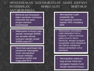 1. MENYEDIAKAN KESAMARATAAN AKSES KEPADA
   PENDIDIKAN     BERKUALITI    BERTARAF
   ANTARABANGSA.
 