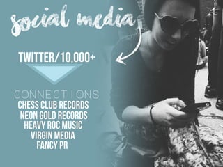 social  media
twitter/10,000+
connections
neon gold records
chess club records
fancy pr
virgin media
heavy roc music
 