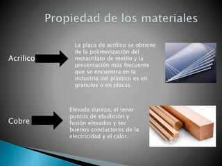 La placa de acrílico se obtiene
de la polimerización del
metacrilato de metilo y la
presentación más frecuente
que se encuentra en la
industria del plástico es en
granulos o en placas.
Elevada dureza, el tener
puntos de ebullición y
fusión elevados y ser
buenos conductores de la
electricidad y el calor.
Acrilico
Cobre
 