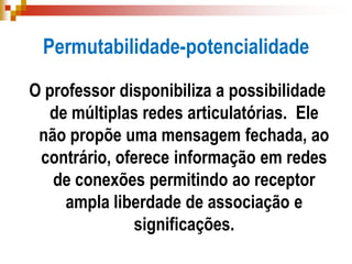 Permutabilidade-potencialidade
O professor disponibiliza a possibilidade
de múltiplas redes articulatórias. Ele
não propõe uma mensagem fechada, ao
contrário, oferece informação em redes
de conexões permitindo ao receptor
ampla liberdade de associação e
significações.
 