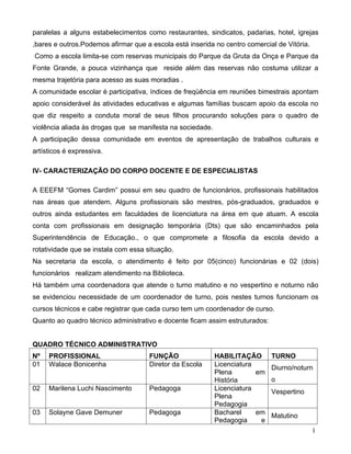 paralelas a alguns estabelecimentos como restaurantes, sindicatos, padarias, hotel, igrejas
,bares e outros.Podemos afirmar que a escola está inserida no centro comercial de Vitória.
Como a escola limita-se com reservas municipais do Parque da Gruta da Onça e Parque da
Fonte Grande, a pouca vizinhança que reside além das reservas não costuma utilizar a
mesma trajetória para acesso as suas moradias .
A comunidade escolar é participativa, índices de freqüência em reuniões bimestrais apontam
apoio considerável às atividades educativas e algumas famílias buscam apoio da escola no
que diz respeito a conduta moral de seus filhos procurando soluções para o quadro de
violência aliada às drogas que se manifesta na sociedade.
A participação dessa comunidade em eventos de apresentação de trabalhos culturais e
artísticos é expressiva.

IV- CARACTERIZAÇÃO DO CORPO DOCENTE E DE ESPECIALISTAS

A EEEFM “Gomes Cardim” possui em seu quadro de funcionários, profissionais habilitados
nas áreas que atendem. Alguns profissionais são mestres, pós-graduados, graduados e
outros ainda estudantes em faculdades de licenciatura na área em que atuam. A escola
conta com profissionais em designação temporária (Dts) que são encaminhados pela
Superintendência de Educação., o que compromete a filosofia da escola devido a
rotatividade que se instala com essa situação.
Na secretaria da escola, o atendimento é feito por 05(cinco) funcionárias e 02 (dois)
funcionários realizam atendimento na Biblioteca.
Há também uma coordenadora que atende o turno matutino e no vespertino e noturno não
se evidenciou necessidade de um coordenador de turno, pois nestes turnos funcionam os
cursos técnicos e cabe registrar que cada curso tem um coordenador de curso.
Quanto ao quadro técnico administrativo e docente ficam assim estruturados:


QUADRO TÉCNICO ADMINISTRATIVO
Nº   PROFISSIONAL                     FUNÇÃO                HABILITAÇÃO       TURNO
01   Walace Bonicenha                 Diretor da Escola     Licenciatura      Diurno/noturn
                                                            Plena        em
                                                            História          o
02   Marilena Luchi Nascimento        Pedagoga              Licenciatura      Vespertino
                                                            Plena
                                                            Pedagogia
03   Solayne Gave Demuner             Pedagoga              Bacharel     em   Matutino
                                                            Pedagogia     e
                                                                                             1
 