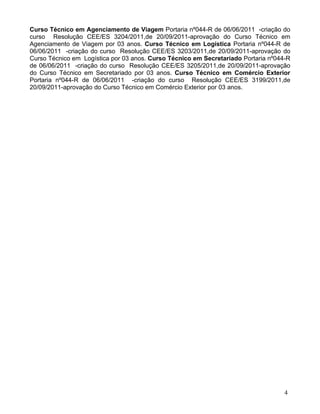 Curso Técnico em Agenciamento de Viagem Portaria nº044-R de 06/06/2011 -criação do
curso Resolução CEE/ES 3204/2011,de 20/09/2011-aprovação do Curso Técnico em
Agenciamento de Viagem por 03 anos. Curso Técnico em Logística Portaria nº044-R de
06/06/2011 -criação do curso Resolução CEE/ES 3203/2011,de 20/09/2011-aprovação do
Curso Técnico em Logística por 03 anos. Curso Técnico em Secretariado Portaria nº044-R
de 06/06/2011 -criação do curso Resolução CEE/ES 3205/2011,de 20/09/2011-aprovação
do Curso Técnico em Secretariado por 03 anos. Curso Técnico em Comércio Exterior
Portaria nº044-R de 06/06/2011 -criação do curso Resolução CEE/ES 3199/2011,de
20/09/2011-aprovação do Curso Técnico em Comércio Exterior por 03 anos.




                                                                                    4
 