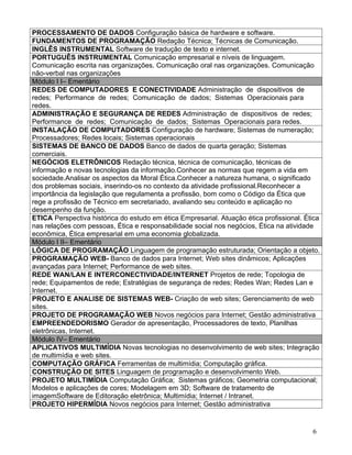 PROCESSAMENTO DE DADOS Configuração básica de hardware e software.
FUNDAMENTOS DE PROGRAMAÇÃO Redação Técnica; Técnicas de Comunicação.
INGLÊS INSTRUMENTAL Software de tradução de texto e internet.
PORTUGUÊS INSTRUMENTAL Comunicação empresarial e níveis de linguagem.
Comunicação escrita nas organizações. Comunicação oral nas organizações. Comunicação
não-verbal nas organizações
Módulo I I– Ementário
REDES DE COMPUTADORES E CONECTIVIDADE Administração de dispositivos de
redes; Performance de redes; Comunicação de dados; Sistemas Operacionais para
redes.
ADMINISTRAÇÃO E SEGURANÇA DE REDES Administração de dispositivos de redes;
Performance de redes; Comunicação de dados; Sistemas Operacionais para redes.
INSTALAÇÃO DE COMPUTADORES Configuração de hardware; Sistemas de numeração;
Processadores; Redes locais; Sistemas operacionais
SISTEMAS DE BANCO DE DADOS Banco de dados de quarta geração; Sistemas
comerciais.
NEGÓCIOS ELETRÔNICOS Redação técnica, técnica de comunicação, técnicas de
informação e novas tecnologias da informação.Conhecer as normas que regem a vida em
sociedade.Analisar os aspectos da Moral Ética.Conhecer a natureza humana, o significado
dos problemas sociais, inserindo-os no contexto da atividade profissional.Reconhecer a
importância da legislação que regulamenta a profissão, bom como o Código da Ética que
rege a profissão de Técnico em secretariado, avaliando seu conteúdo e aplicação no
desempenho da função.
ETICA Perspectiva histórica do estudo em ética Empresarial. Atuação ética profissional. Ética
nas relações com pessoas, Ética e responsabilidade social nos negócios, Ética na atividade
econômica, Ética empresarial em uma economia globalizada.
Módulo I II– Ementário
LÓGICA DE PROGRAMAÇÃO Linguagem de programação estruturada; Orientação a objeto.
PROGRAMAÇÃO WEB- Banco de dados para Internet; Web sites dinâmicos; Aplicações
avançadas para Internet; Performance de web sites.
REDE WAN/LAN E INTERCONECTIVIDADE/INTERNET Projetos de rede; Topologia de
rede; Equipamentos de rede; Estratégias de segurança de redes; Redes Wan; Redes Lan e
Internet.
PROJETO E ANALISE DE SISTEMAS WEB- Criação de web sites; Gerenciamento de web
sites.
PROJETO DE PROGRAMAÇÃO WEB Novos negócios para Internet; Gestão administrativa
EMPREENDEDORISMO Gerador de apresentação, Processadores de texto, Planilhas
eletrônicas, Internet.
Módulo IV– Ementário
APLICATIVOS MULTIMÍDIA Novas tecnologias no desenvolvimento de web sites; Integração
de multimídia e web sites.
COMPUTAÇÃO GRÁFICA Ferramentas de multimídia; Computação gráfica.
CONSTRUÇÃO DE SITES Linguagem de programação e desenvolvimento Web.
PROJETO MULTIMÍDIA Computação Gráfica; Sistemas gráficos; Geometria computacional;
Modelos e aplicações de cores; Modelagem em 3D; Software de tratamento de
imagemSoftware de Editoração eletrônica; Multimídia; Internet / Intranet.
PROJETO HIPERMÍDIA Novos negócios para Internet; Gestão administrativa


                                                                                          6
 