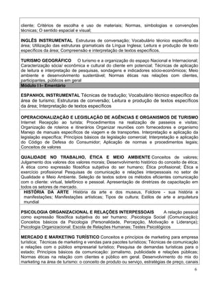 cliente; Critérios de escolha e uso de materiais; Normas, simbologias e convenções
técnicas; O sentido espacial e visual;

INGLÊS INSTRUMENTAL Estruturas de conversação; Vocabulário técnico específico da
área; Utilização das estruturas gramaticais da Língua Inglesa; Leitura e produção de texto
específicos da área; Compreensão e interpretação de textos específicos.

TURISMO GEOGRÁFICO O turismo e a organização do espaço Nacional e Internacional;
Caracterização sócia/ econômica e cultural do cliente em potencial; Técnicas de aplicação
de leitura e interpretação de pesquisas, sondagens e indicadores sócio-econômicos; Meio
ambiente e desenvolvimento sustentável; Normas éticas nas relações com clientes,
participantes, públicos em geral
Módulo I I– Ementário

ESPANHOL INSTRUMENTAL Técnicas de tradução; Vocabulário técnico específico da
área de turismo; Estruturas de conversão; Leitura e produção de textos específicos
da área; Interpretação de textos específicos

OPERACIONALIZAÇÃO E LEGISLAÇÃO DE AGÊNCIAS E ORGANISMOS DE TURISMO
Internet Recepção ao turista; Procedimentos na realização de passeios e visitas;
Organização de roteiros e itinerários Organizar reuniões com fornecedores e organismo
Manejo de manuais específicos de viagem e de transportes. Interpretação e aplicação da
legislação específica; Princípios básicos da legislação comercial; Interpretação e aplicação
do Código de Defesa do Consumidor; Aplicação de normas e procedimentos legais;
Conceitos de valores

QUALIDADE NO TRABALHO, ÉTICA E MEIO AMBIENTE Conceitos de valores;
Julgamento dos valores dos valores morais; Desenvolvimento histórico do conceito de ética;
A ética como expressão filosófica subjetiva do ser humano; Ética profissional; Ética e
exercício profissional Pesquisas de comunicação e relações interpessoais no setor de
Qualidade e Meio Ambiente. Seleção de textos sobre os métodos eficientes comunicação
com o cliente: virtual, telefônico e pessoal. Apresentação de diretrizes de capacitação em
todos os setores de mercado.
  HISTÓRIA DA ARTE História da arte e dos museus, Folclore - sua história e
  manifestações; Manifestações artísticas; Tipos de cultura; Estilos de arte e arquitetura
  mundial

PSICOLOGIA ORGANIZACIONAL E RELAÇÕES INTERPESSOAIS                     A relação pessoal
como expressão filosófica subjetiva do ser humano; .Psicologia Social (Comunicação);
Conceitos básicos da Psicologia (Personalidade, Percepção, Motivação e Liderança);
Psicologia Organizacional: Escola de Relações Humanas; Testes Psicológicos

MERCADO E MARKETING TURÍSTICO Conceitos e princípios de marketing para empresa
turística; Técnicas de marketing e vendas para pacotes turísticos; Técnicas de comunicação
e relações com o público empresarial turístico; Pesquisa de demandas turísticas para o
estado; Princípios básicos da comunicação: jornalismo, publicidade e relações públicas;
Normas éticas na relação com clientes e público em geral. Desenvolvimento do mix do
marketing na área de turismo: o conceito de produto ou serviço, estratégias de preço, canais
                                                                                          6
 