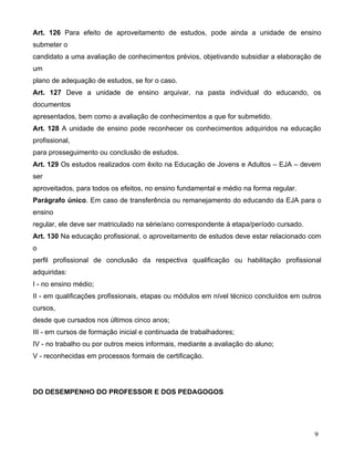 Art. 126 Para efeito de aproveitamento de estudos, pode ainda a unidade de ensino
submeter o
candidato a uma avaliação de conhecimentos prévios, objetivando subsidiar a elaboração de
um
plano de adequação de estudos, se for o caso.
Art. 127 Deve a unidade de ensino arquivar, na pasta individual do educando, os
documentos
apresentados, bem como a avaliação de conhecimentos a que for submetido.
Art. 128 A unidade de ensino pode reconhecer os conhecimentos adquiridos na educação
profissional,
para prosseguimento ou conclusão de estudos.
Art. 129 Os estudos realizados com êxito na Educação de Jovens e Adultos – EJA – devem
ser
aproveitados, para todos os efeitos, no ensino fundamental e médio na forma regular.
Parágrafo único. Em caso de transferência ou remanejamento do educando da EJA para o
ensino
regular, ele deve ser matriculado na série/ano correspondente à etapa/período cursado.
Art. 130 Na educação profissional, o aproveitamento de estudos deve estar relacionado com
o
perfil profissional de conclusão da respectiva qualificação ou habilitação profissional
adquiridas:
I - no ensino médio;
II - em qualificações profissionais, etapas ou módulos em nível técnico concluídos em outros
cursos,
desde que cursados nos últimos cinco anos;
III - em cursos de formação inicial e continuada de trabalhadores;
IV - no trabalho ou por outros meios informais, mediante a avaliação do aluno;
V - reconhecidas em processos formais de certificação.




DO DESEMPENHO DO PROFESSOR E DOS PEDAGOGOS




                                                                                         9
 