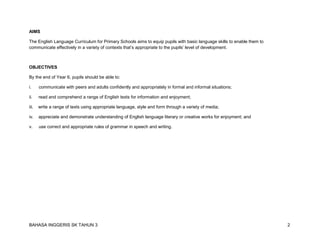 BAHASA INGGERIS SK TAHUN 3 2 
AIMS 
The English Language Curriculum for Primary Schools aims to equip pupils with basic language skills to enable them to communicate effectively in a variety of contexts that’s appropriate to the pupils’ level of development. 
OBJECTIVES 
By the end of Year 6, pupils should be able to: 
i. communicate with peers and adults confidently and appropriately in formal and informal situations; 
ii. read and comprehend a range of English texts for information and enjoyment; 
iii. write a range of texts using appropriate language, style and form through a variety of media; 
iv. appreciate and demonstrate understanding of English language literary or creative works for enjoyment; and 
v. use correct and appropriate rules of grammar in speech and writing.  