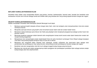 PENDIDIKAN ISLAM TINGKATAN 1 2
MATLAMAT KURIKULUM PENDIDIKAN ISLAM
Pendidikan Islam adalah untuk menghasilkan Muslim yang berilmu, beriman, berketrampilan, beramal soleh, beradab dan berakhlak mulia
berdasarkan al-Quran dan al-Sunah sebagai hamba dan khalifah Allah yang bertakwa dan menyumbang kepada tamadun bangsa dan negara.
OBJEKTIF KURIKULUM PENDIDIKAN ISLAM
Setelah mempelajari Pendidikan Islam Bersepadu Sekolah Menengah murid dapat:
1. Membaca ayat-ayat terpilih daripada al-Quran dengan betul, fasih, mahir dan bertajwid untuk memperkukuhkan minat dan amalan
membaca al-Quran.
2. Menghafaz ayat-ayat al-Quran yang terpilih untuk menambah bacaan dalam solat dan amalan ibadah harian.
3. Memahami maksud beberapa ayat al-Quran dan Hadis yang dipelajari serta menghayati pengajarannya sebagai sumber hukum dan
panduan mukmin.
4. Memantap keyakinan pegangan akidah Islamiah serta menghidupkan konsep tauhid secara sedar dalam keseluruhan amalan dan
menjadi benteng keagamaan.
5. Memperkukuh dan mempertingkat amalan ibadat-ibadat Fardu Ain serta memahami sumbangan Fardu Kifayah sebagai kewajipan
umat Islam menyumbang kepada kemajuan hidup di dunia dan di akhirat.
6. Memahami dan mengambil iktibar daripada sirah nabawiyah, khulafa’ al-Rashidin dan tokoh-tokoh Islam sebagai asas
pembentukan dan pembangunan insan yang cinta dan menyumbang ke arah pembangunan tamadun bangsa dan negara.
7. Berakhlak mulia dan mengamalkan nilai-nilai murni sebagai tonggak budaya bangsa yang bermaruah.
8. Membaca dan menulis jawi melalui penggunaannya dalam pengajaran dan pembelajaran pendidikan Islam sebagai warisan amalan
budaya bangsa akan terus diperkukuhkan.
 