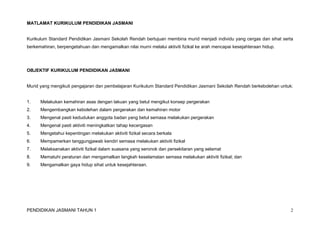 MATLAMAT KURIKULUM PENDIDIKAN JASMANI 
Kurikulum Standard Pendidikan Jasmani Sekolah Rendah bertujuan membina murid menjadi individu yang cergas dan sihat serta 
berkemahiran, berpengetahuan dan mengamalkan nilai murni melalui aktiviti fizikal ke arah mencapai kesejahteraan hidup. 
OBJEKTIF KURIKULUM PENDIDIKAN JASMANI 
Murid yang mengikuti pengajaran dan pembelajaran Kurikulum Standard Pendidikan Jasmani Sekolah Rendah berkebolehan untuk: 
1. Melakukan kemahiran asas dengan lakuan yang betul mengikut konsep pergerakan 
2. Mengembangkan kebolehan dalam pergerakan dan kemahiran motor 
3. Mengenal pasti kedudukan anggota badan yang betul semasa melakukan pergerakan 
4. Mengenal pasti aktiviti meningkatkan tahap kecergasan 
5. Mengetahui kepentingan melakukan aktiviti fizikal secara berkala 
6. Mempamerkan tanggungjawab kendiri semasa melakukan aktiviti fizikal 
7. Melaksanakan aktiviti fizikal dalam suasana yang seronok dan persekitaran yang selamat 
8. Mematuhi peraturan dan mengamalkan langkah keselamatan semasa melakukan aktiviti fizikal; dan 
9. Mengamalkan gaya hidup sihat untuk kesejahteraan. 
PENDIDIKAN JASMANI TAHUN 1 2 
 